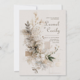 Convites Taupe Branco Etéreo Minimalista Botânico Casamento