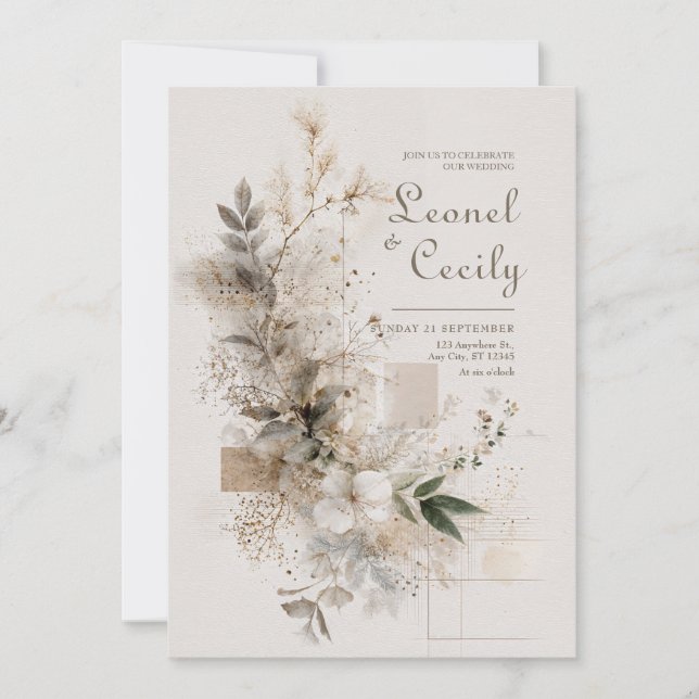 Convites Taupe Branco Etéreo Minimalista Botânico Casamento (Frente)