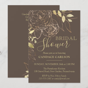 Convites Taupe e Dourado Peony Modern Chá de panela Floral