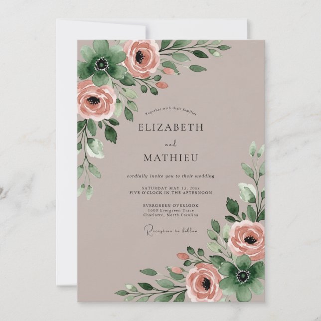 Convites Taupe Exquisite Watercolor Wedding (Frente)