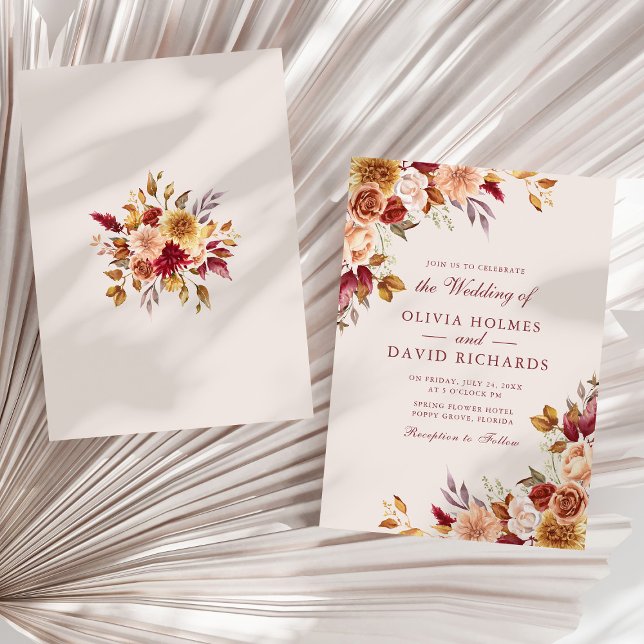 Convites Taupe Floral Casamento Elegante Neutro Boho (Boho Modern Burnt Orange Terracotta Floral Wedding on a sunny white dry palm leaf.)