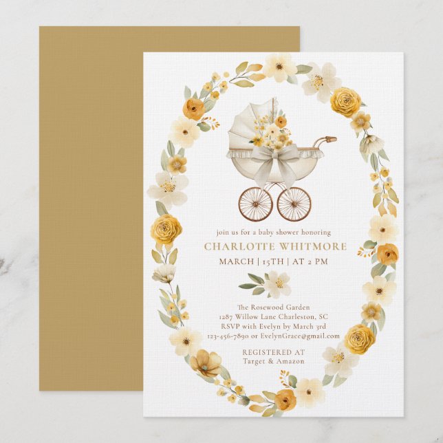 Convites Taupe Floral Pram Baby Shower Invite (Frente/Verso)