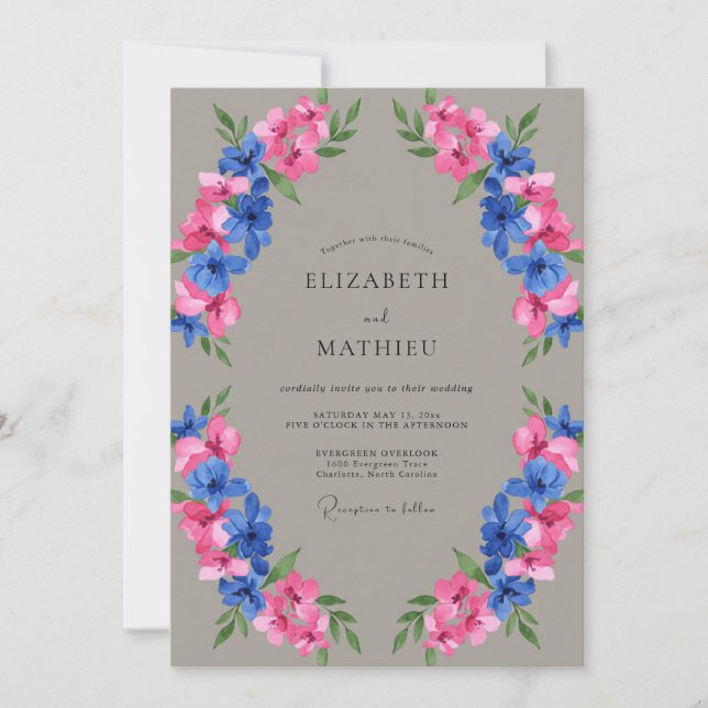 Convites Taupe Fuchsia Azul Pintado Casamento (Frente)