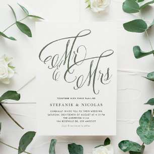 Convites Taupe Green Sra. e Sra. Rustic Script Wedding
