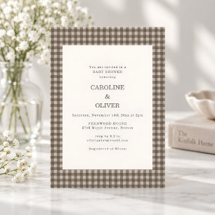 Convites Taupe Marrom Xadrez Gingham Plaid Chá de Bebê Casa