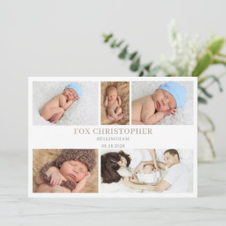 Convites Taupe Minimal Photo Collage Baby Announcement Card