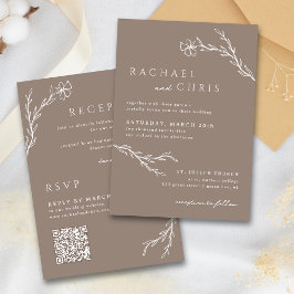 Convites Taupe Mocha Simple Boho Floral Código QR Botânico