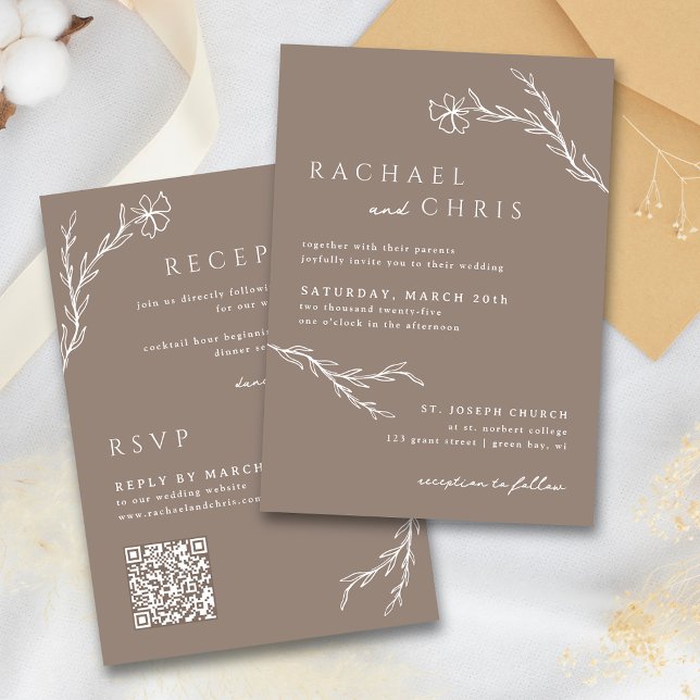 Convites Taupe Mocha Simple Boho Floral Código QR Botânico (Criador carregado)