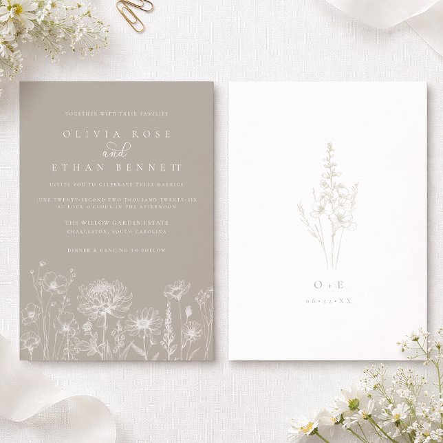 Convites Taupe Neutral Wildflower Wedding Invitation (Taupe Wedding Invitation)