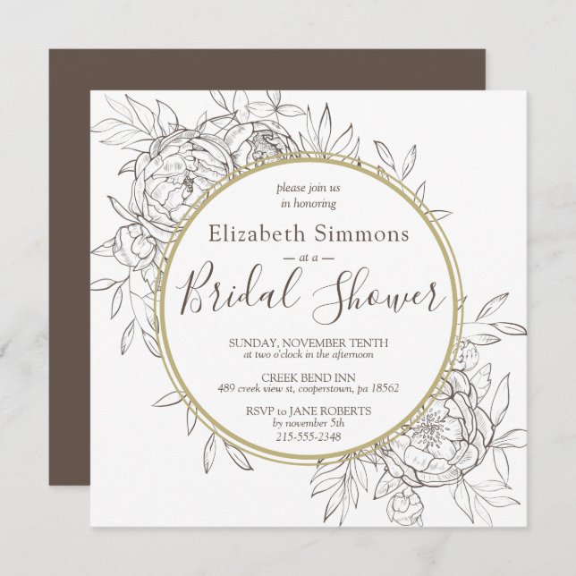Convites Taupe Peony Floral Modern Toile Chá de panela (Frente/Verso)