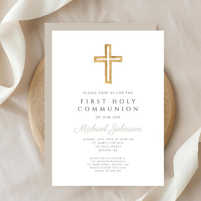 Convites Taupe Script Religious Cross Boy First Communion (Taupe Script Religious Cross Boy First Communion Invitation)