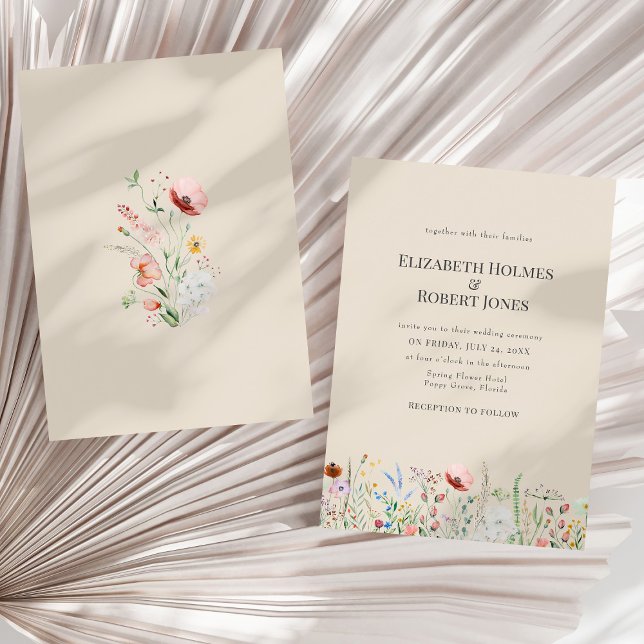 Convites Taupe Watercolor Wildflower Weditation (Taupe Watercolor Wildflower Wedding Invitation on a sunny neutral dry palm leaf.)