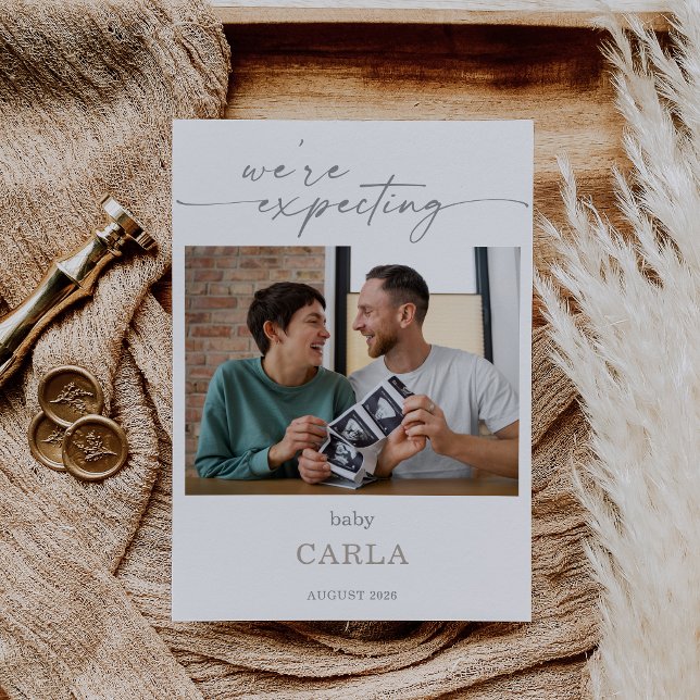 Convites Taupe We're Expecting Pregnancy Announcement Card (Criador carregado)