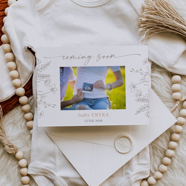 Convites Taupe Wildflower Boho Pregnancy Announcement Card (Criador carregado)