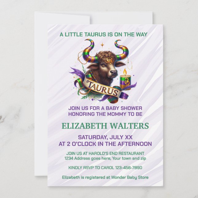 Convites Taurus Zodiac Baby Shower Lavender and Green (Frente)