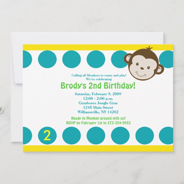 Convites {TBA} Macaco de Humor Branco Azul/Amarelo Aniversá (Frente)