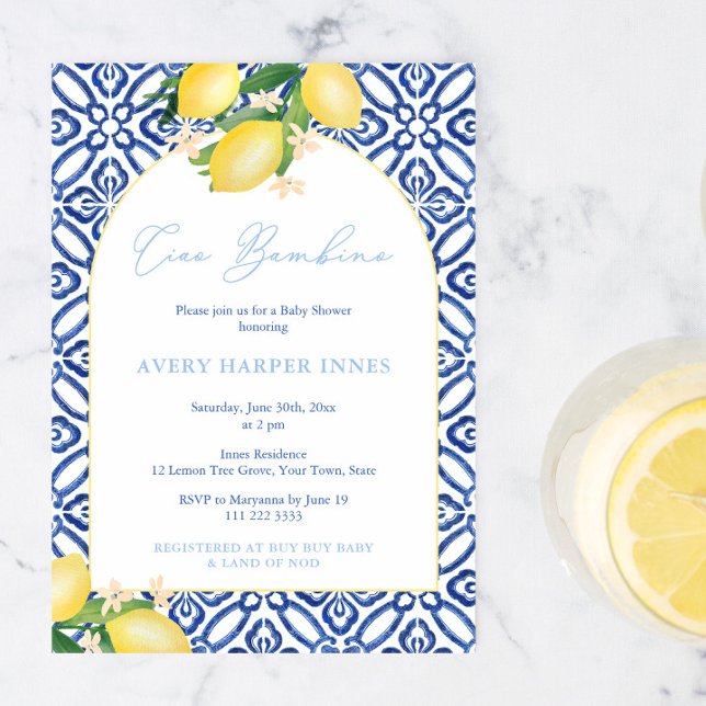 Convites Tchau Bebê Limões Arco Menino Festa de Bebê (Ciao Bambino Italian inspired lemons baby shower invitation to welcome a little boy. )