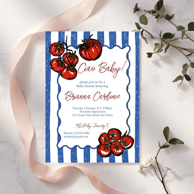 Convites Tchau bebê tomate azul listras Italiano chá de beb (Ciao baby hand drawn tomatoes blue stripes Italian baby shower Invitation cards template)
