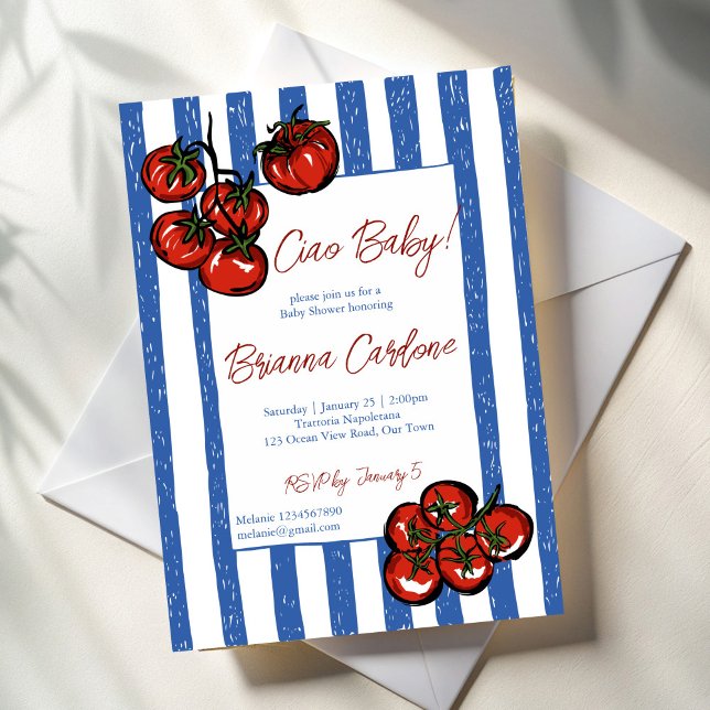 Convites Tchau bebê tomate listras azuis churrasco de bebê  (Ciao baby cherry tomato blue stripes Italian baby shower Invitation cards template)