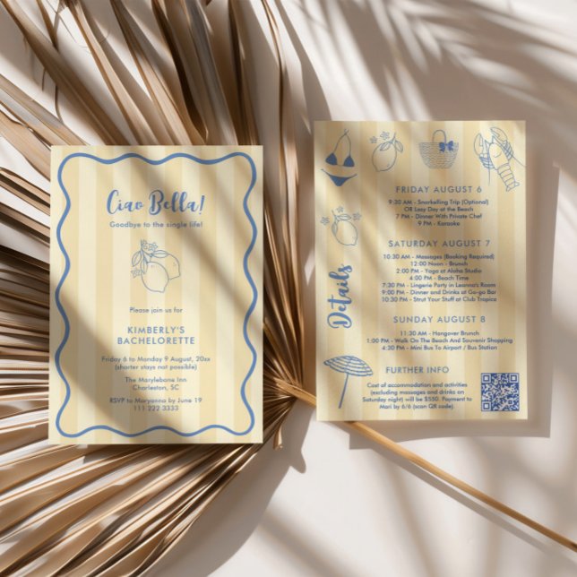 Convites Tchau Bella Fim de Semana de Despedida com Borda D (Ciao Bella Yellow Stripes Blue hand-drawn doodles lemons amalfi bachelorette weekend invitation)