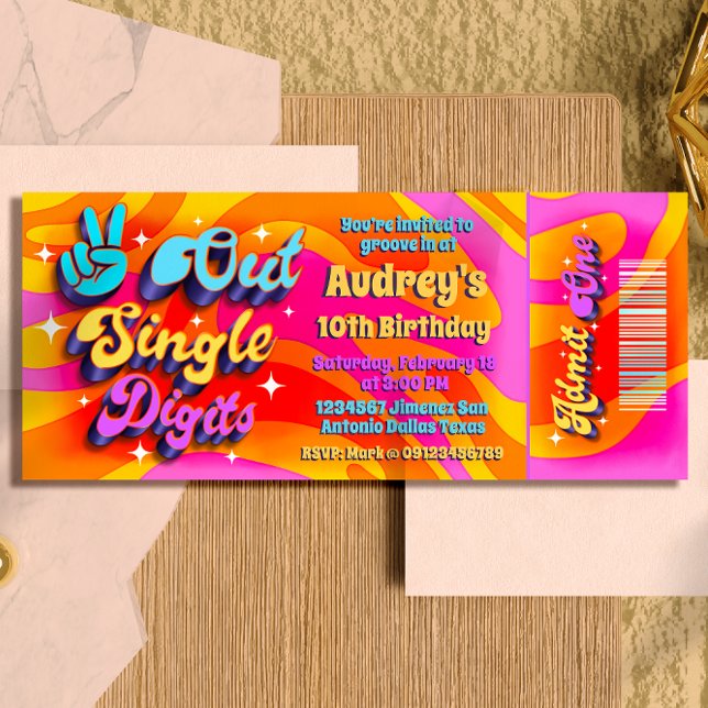 Convites Tchau, Dígitos Simples Estou com 10 Ingressos (Peace Out Single Digits - Groovy Retro 10th Birthday Ticket Invitation )