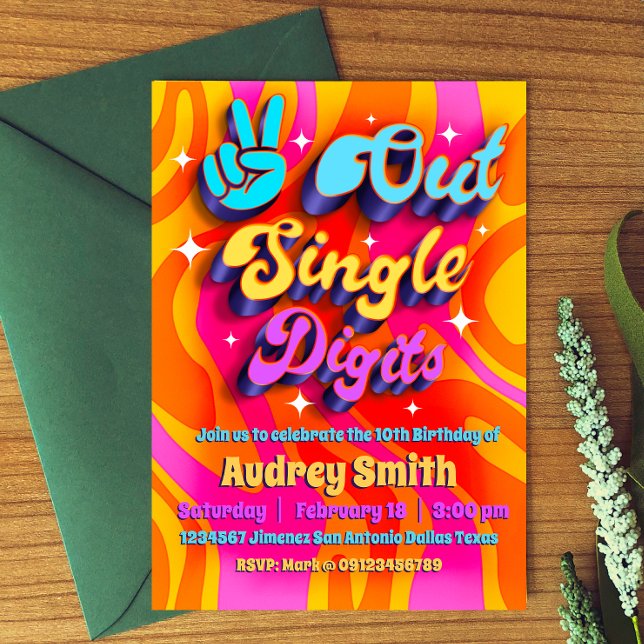 Convites Tchau, Dígitos Simples, Eu Tenho 10 (Peace Out Single Digits - Groovy Retro 10th Birthday Invitation)