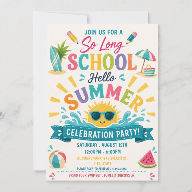 Convites Tchau Escola Olá Festa de Celebração de Verão (Frente)