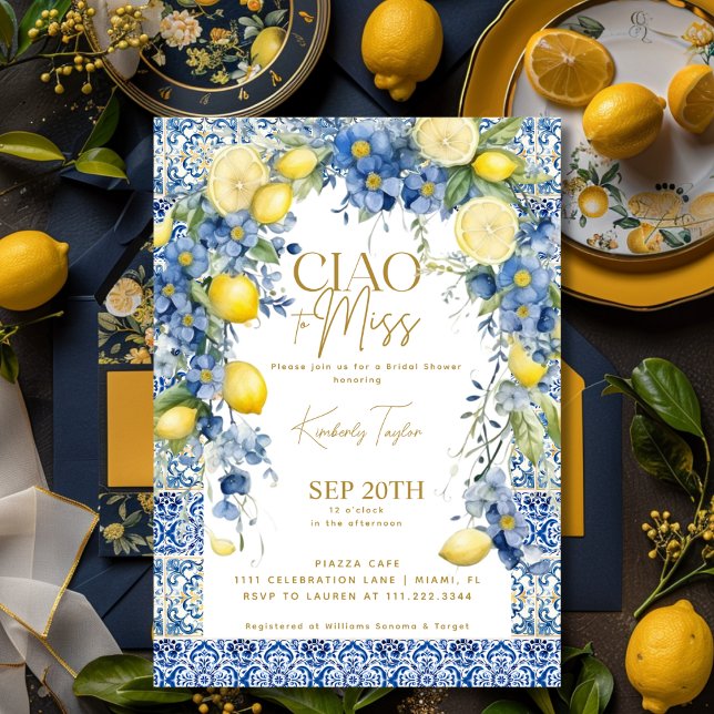 Convites Tchau Miss Itália Azulejo Azul Limão (Ciao To Miss Italy Lemon Blue Tiles Bridal Shower Invitation)