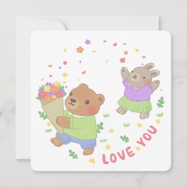 Convites Te Amo: Urso de Teddy & Coelhinho com Flores (Frente)