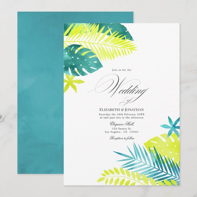 Convites Té verde - Casamento Tropical Turquesa e Limão (Frente/Verso)