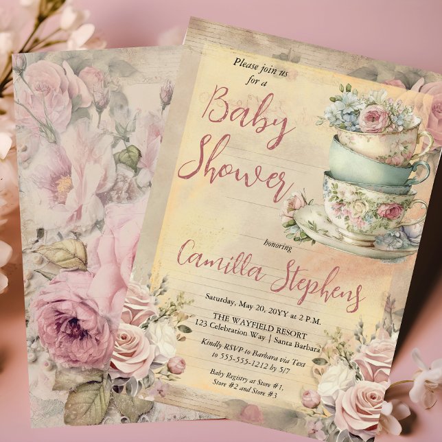 Convites Tea-Chá de fraldas-Rosa-Rosa-Rosa-Elegante (Elegant Pink Floral Tea Cups Girl Baby Shower Tea Invitation)