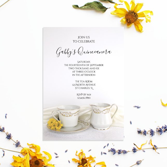 Convites Tea Cup e Yellow Daisies Quinceanera Party (Criador carregado)