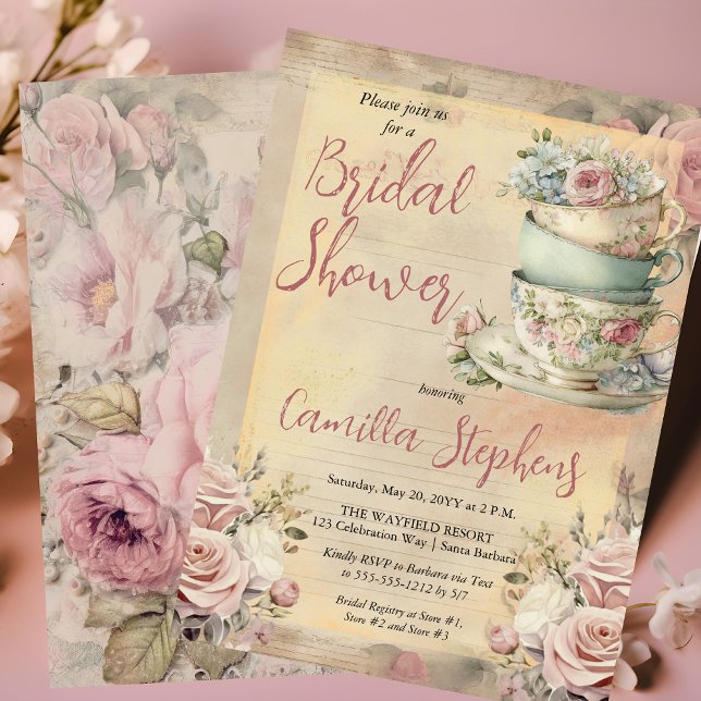 Convites Tea de Chá de panela de pinças Florais Elegante Ro (Elegant Pink Floral Tea Cups Vintage Look Bridal Shower Tea Invitation)