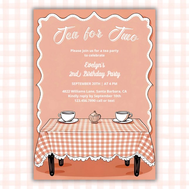 Convites Tea do Partido do Chá Gingham para Dois segundos a (Tea for Two 2nd Birthday Invitation Vintage Gingham Tea Party Invite for Girls)