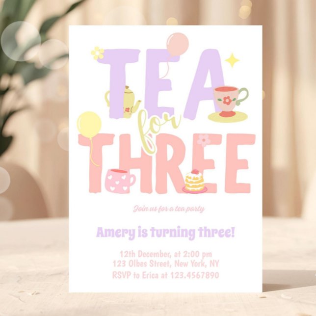 Convites Tea For Three Birthday Pink Pastel Tea Party (tea party invitation, tea party, girly tea party, par tea invitation, whimsical tea party, garden te)