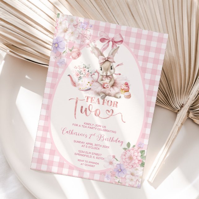 Convites Tea For Two Easter Bunny Pink Gingham 2nd Birthday (Criador carregado)