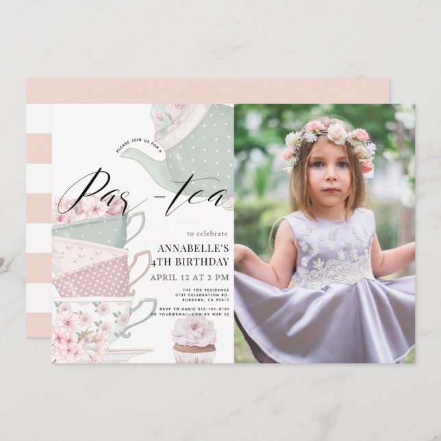 Convites Tea Par tea Floral Teapot Rosa Foto de Aniversário (Frente/Verso)
