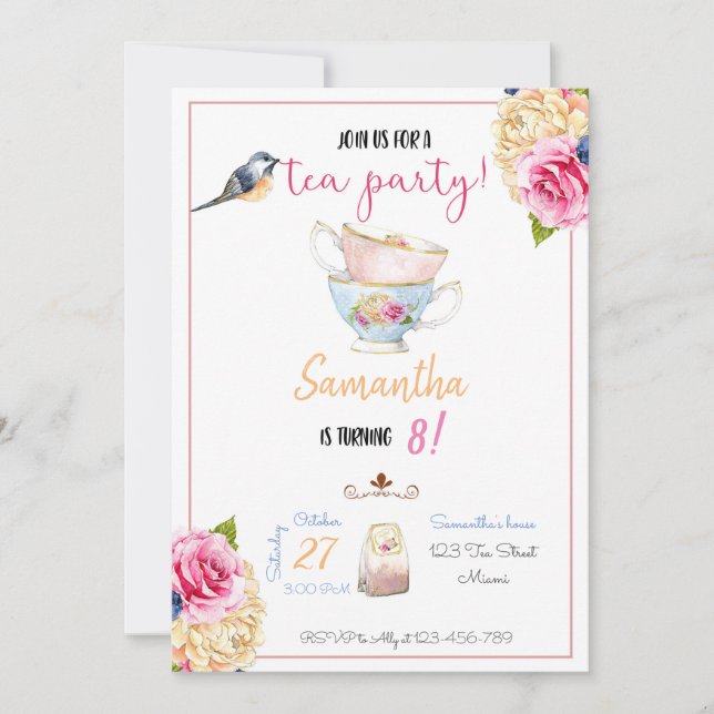 Convites Tea Party Birthday Invitation, Tea Invitation (Frente)