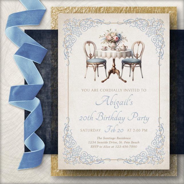 Convites Tea Party Blue Birthday Invitation (Criador carregado)