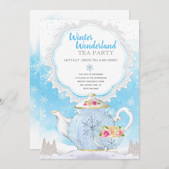 Convites Tea party do país das maravilhas do inverno do (Frente/Verso)
