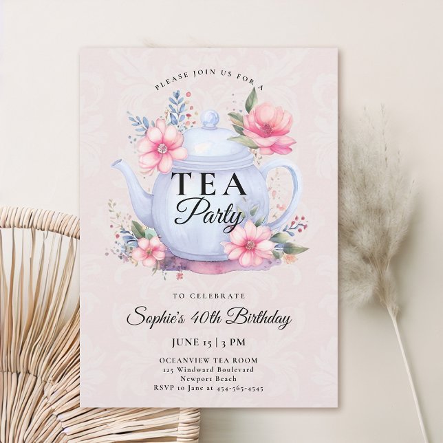 Convites Tea Party Floral Bule Damask Pink aniversário de 4 (40th birthday invitation tea party floral teapot wildflowers watercolor elegant modern chic)