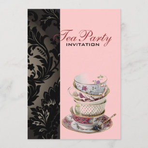 Convites Tea party formal preto Dourado do damasco do