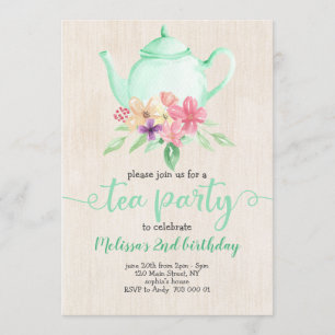 Convites Tea Party Girl Birthday Mint Tea Watercolor