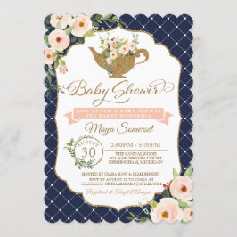 Convites Tea Party Luxury Blush and Marinho Floral Chá de f