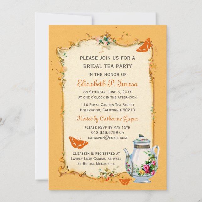 Convites Tea party nupcial francês do vintage alaranjado (Frente)