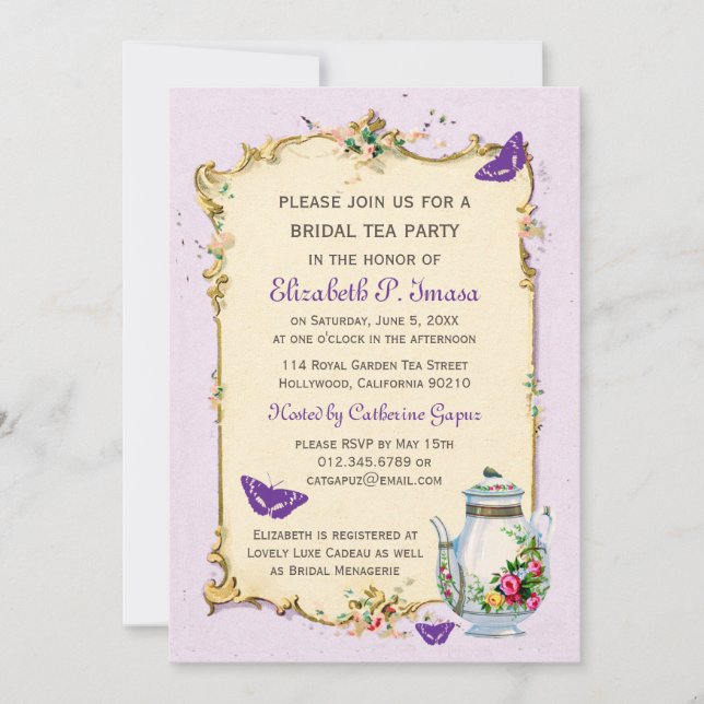 Convites Tea party nupcial francês do vintage roxo (Frente)