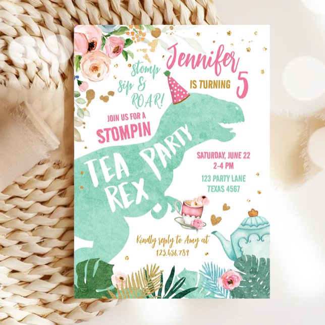 Convites Tea Rex Dinosaur Par Tea Pink Mint Aniversário Dou (Criador carregado)