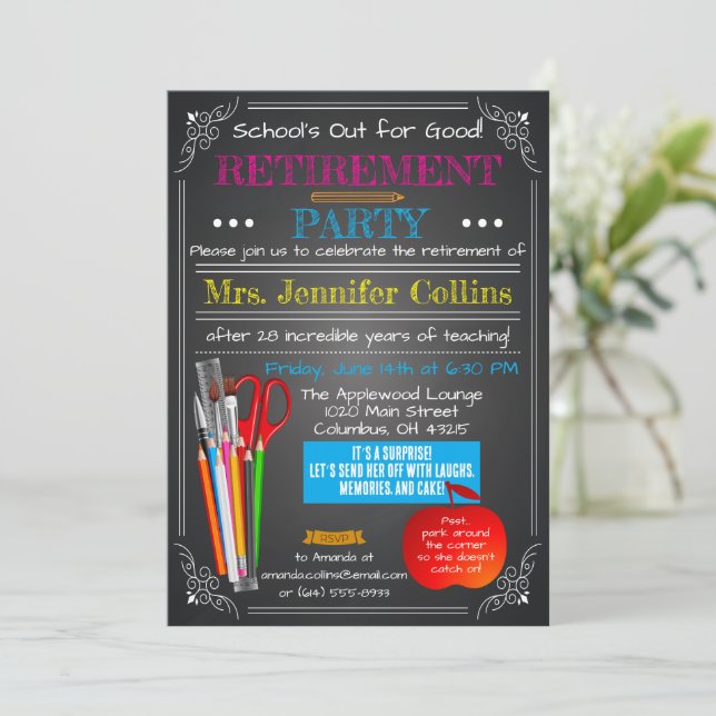 Convites Teacher Retirement Chalkboard (Em pé/Frente)