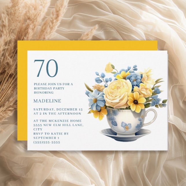 Convites Teacup Yellow Blue Flowers 70 Birthday (Blue teacup and yellow flowers 70th birthday party invitation)