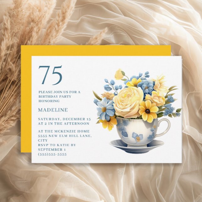 Convites Teacup Yellow Blue Flowers 75º aniversário (Blue teacup and yellow flowers 75th birthday invitation)